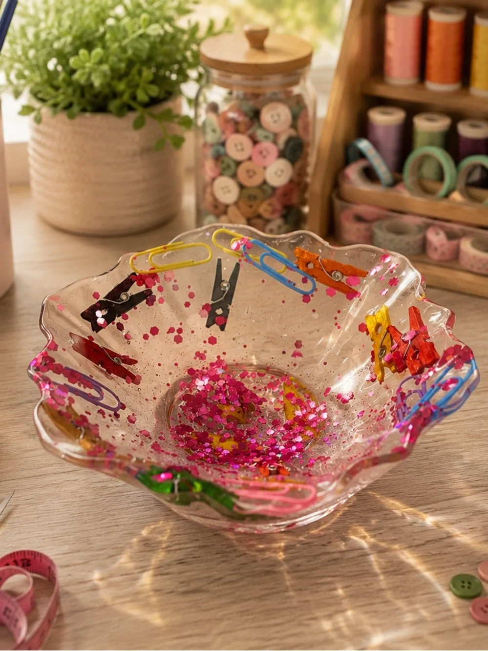 Clear Resin Decorative Bowl with Pink Confetti and Multicolor Accents